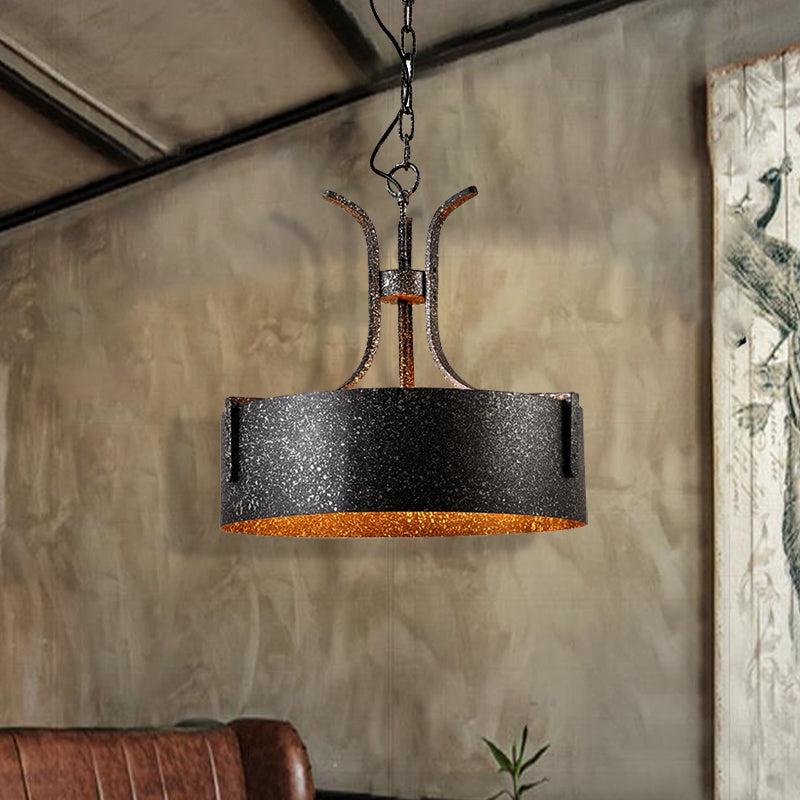 Metal Black Pendant Lamp Drum Shade 3-Light Vintage Chandelier Light Fixture with Elk, 12.5"/20" Wide Black 20" Clearhalo 'Cast Iron' 'Ceiling Lights' 'Chandeliers' 'Industrial Chandeliers' 'Industrial' 'Metal' 'Middle Century Chandeliers' 'Rustic Chandeliers' 'Tiffany' Lighting' 214609