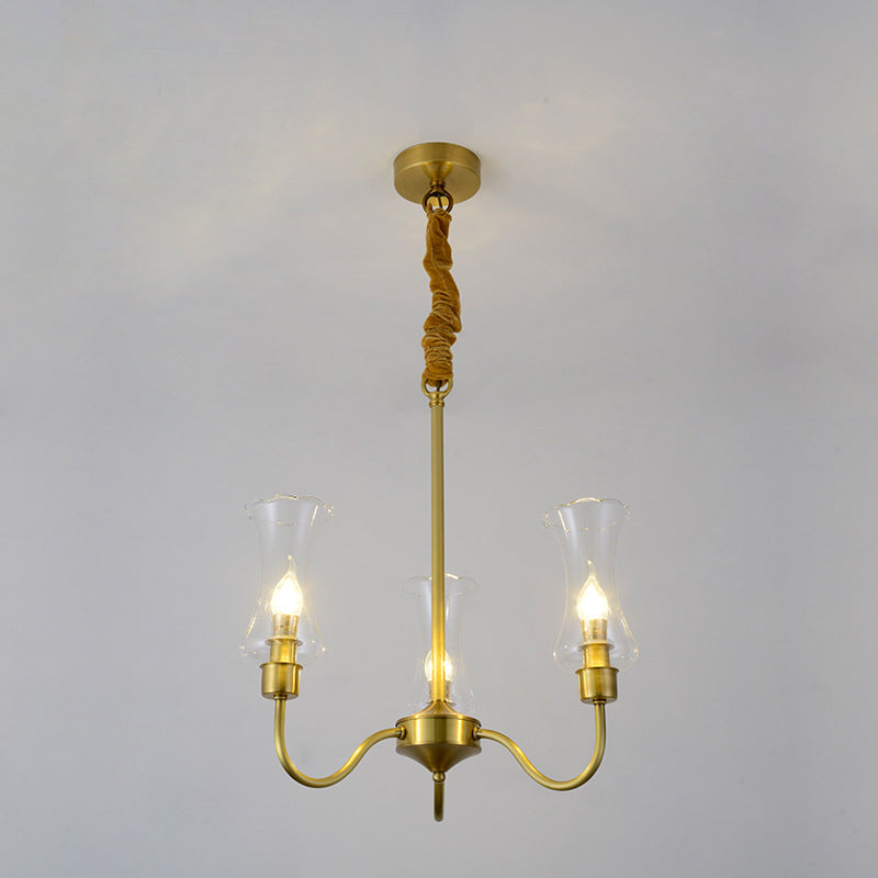 Brass 3/5 Lights Chandelier Light Fixture Traditional Clear Glass Flower Pendant Lamp 3 Brass Clearhalo 'Ceiling Lights' 'Chandeliers' 'Close To Ceiling Lights' 'Glass shade' 'Glass' Lighting' 214642