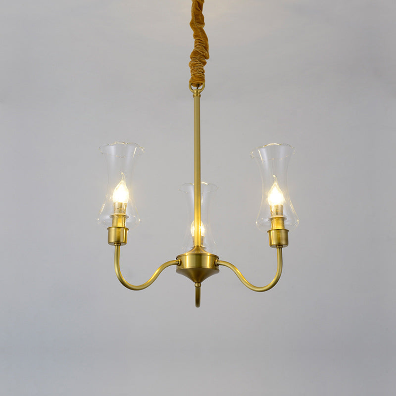 Brass 3/5 Lights Chandelier Light Fixture Traditional Clear Glass Flower Pendant Lamp Clearhalo 'Ceiling Lights' 'Chandeliers' 'Close To Ceiling Lights' 'Glass shade' 'Glass' Lighting' 214643
