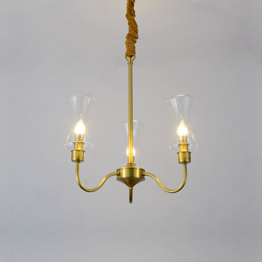 Brass 3/5 Lights Chandelier Light Fixture Traditional Clear Glass Flower Pendant Lamp Clearhalo 'Ceiling Lights' 'Chandeliers' 'Close To Ceiling Lights' 'Glass shade' 'Glass' Lighting' 214643