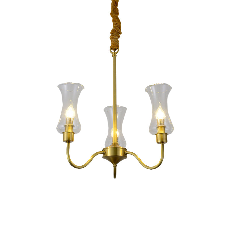 Brass 3/5 Lights Chandelier Light Fixture Traditional Clear Glass Flower Pendant Lamp Clearhalo 'Ceiling Lights' 'Chandeliers' 'Close To Ceiling Lights' 'Glass shade' 'Glass' Lighting' 214644