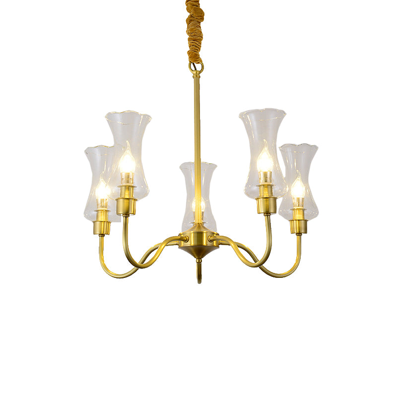 Brass 3/5 Lights Chandelier Light Fixture Traditional Clear Glass Flower Pendant Lamp Clearhalo 'Ceiling Lights' 'Chandeliers' 'Close To Ceiling Lights' 'Glass shade' 'Glass' Lighting' 214648