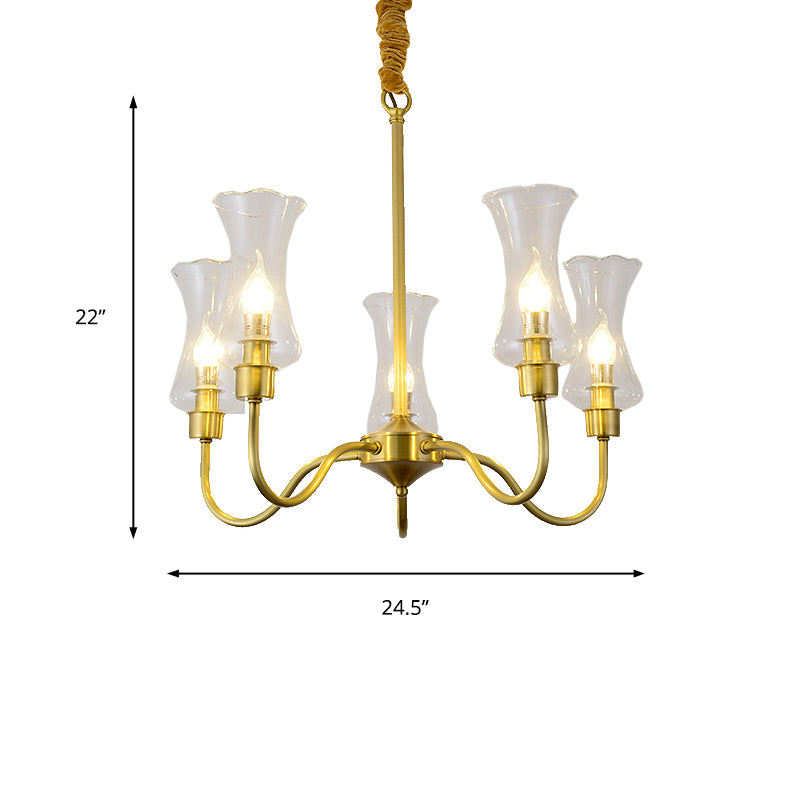 Brass 3/5 Lights Chandelier Light Fixture Traditional Clear Glass Flower Pendant Lamp Clearhalo 'Ceiling Lights' 'Chandeliers' 'Close To Ceiling Lights' 'Glass shade' 'Glass' Lighting' 214649