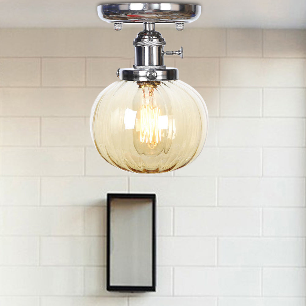 Chrome 1 Light Ceiling Mount Clear/Amber Glass Industrial Globe/Round Semi Flush Light for Dining Room Amber Round Clearhalo 'Ceiling Lights' 'Close To Ceiling Lights' 'Close to ceiling' 'Glass shade' 'Glass' 'Pendant Lights' 'Semi-flushmount' Lighting' 214659
