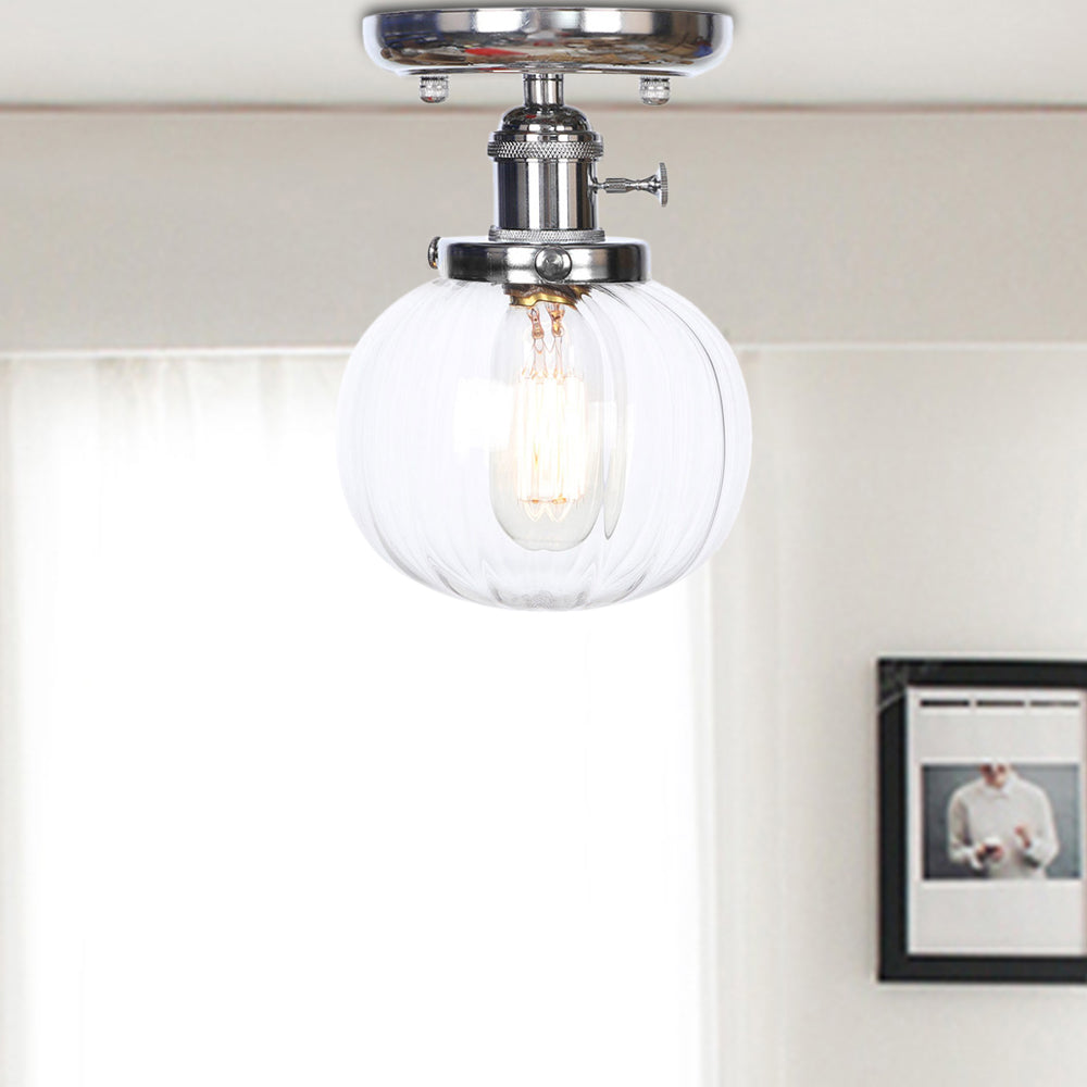 Chrome 1 Light Ceiling Mount Clear/Amber Glass Industrial Globe/Round Semi Flush Light for Dining Room Clear Round Clearhalo 'Ceiling Lights' 'Close To Ceiling Lights' 'Close to ceiling' 'Glass shade' 'Glass' 'Pendant Lights' 'Semi-flushmount' Lighting' 214663