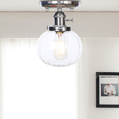 Chrome 1 Light Ceiling Mount Clear/Amber Glass Industrial Globe/Round Semi Flush Light for Dining Room Clear Round Clearhalo 'Ceiling Lights' 'Close To Ceiling Lights' 'Close to ceiling' 'Glass shade' 'Glass' 'Pendant Lights' 'Semi-flushmount' Lighting' 214663
