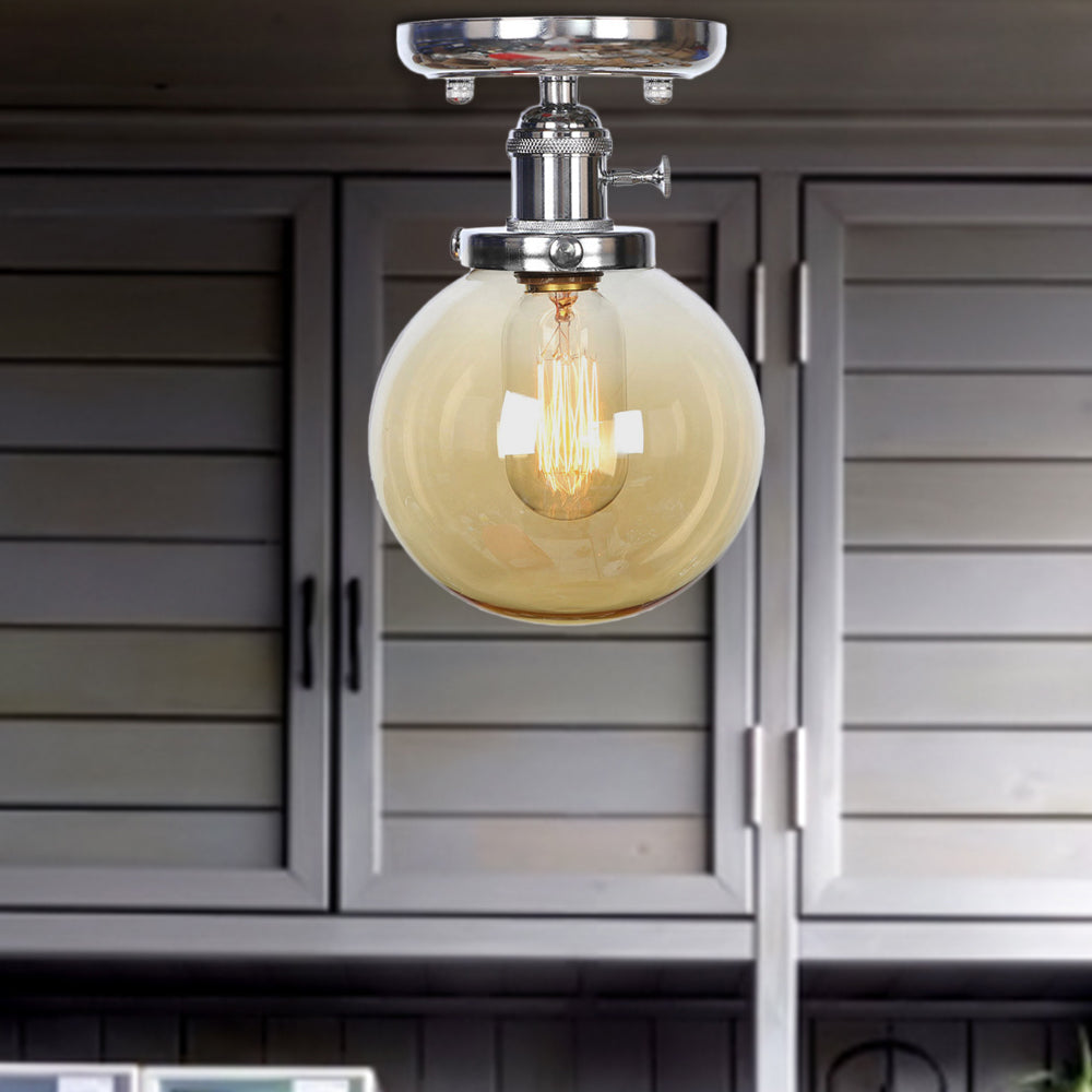 Chrome 1 Light Ceiling Mount Clear/Amber Glass Industrial Globe/Round Semi Flush Light for Dining Room Amber Globe Clearhalo 'Ceiling Lights' 'Close To Ceiling Lights' 'Close to ceiling' 'Glass shade' 'Glass' 'Pendant Lights' 'Semi-flushmount' Lighting' 214666
