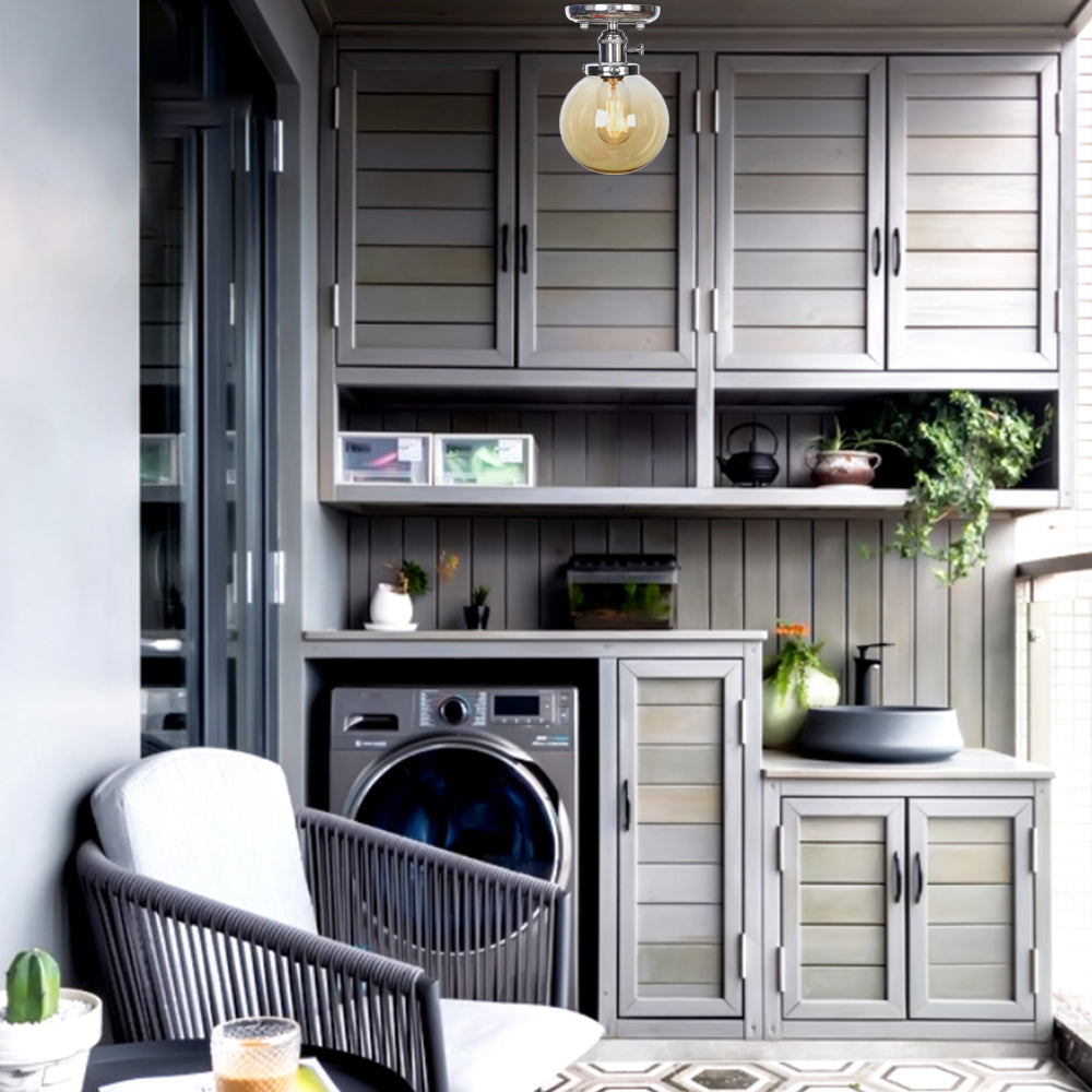 Chrome 1 Light Ceiling Mount Clear/Amber Glass Industrial Globe/Round Semi Flush Light for Dining Room Clearhalo 'Ceiling Lights' 'Close To Ceiling Lights' 'Close to ceiling' 'Glass shade' 'Glass' 'Pendant Lights' 'Semi-flushmount' Lighting' 214667