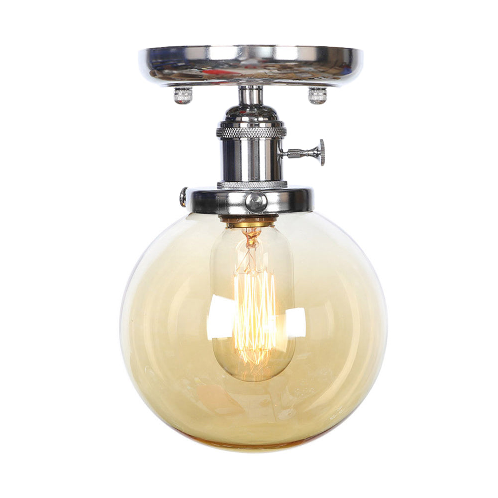 Chrome 1 Light Ceiling Mount Clear/Amber Glass Industrial Globe/Round Semi Flush Light for Dining Room Clearhalo 'Ceiling Lights' 'Close To Ceiling Lights' 'Close to ceiling' 'Glass shade' 'Glass' 'Pendant Lights' 'Semi-flushmount' Lighting' 214668