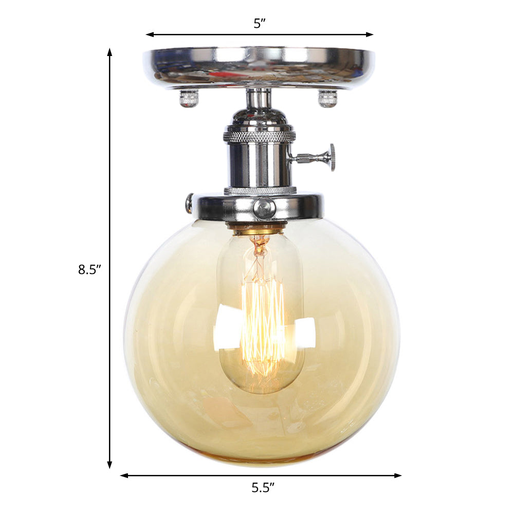 Chrome 1 Light Ceiling Mount Clear/Amber Glass Industrial Globe/Round Semi Flush Light for Dining Room Clearhalo 'Ceiling Lights' 'Close To Ceiling Lights' 'Close to ceiling' 'Glass shade' 'Glass' 'Pendant Lights' 'Semi-flushmount' Lighting' 214669