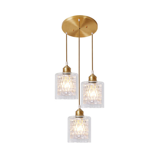 Cylinder Pendant Light with Prismatic Glass Shade Inner Modern 3 Lights Brass Ceiling Light with Linear/Round Canopy Clearhalo 'Ceiling Lights' 'Chandeliers' 'Glass shade' 'Glass' 'Modern Pendants' 'Modern' 'Pendant Lights' 'Pendants' Lighting' 214742