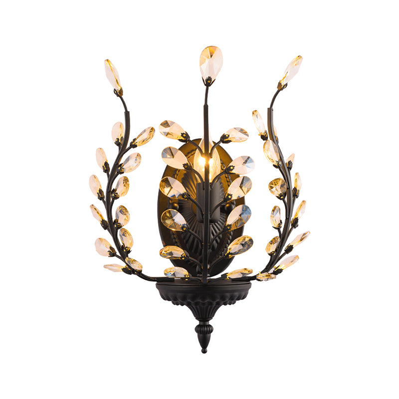Flower Shape Wall Mount Light Vintage Metal 1 Light Black Sconce Light with Crystal Leaf Decoration Clearhalo 'Modern wall lights' 'Modern' 'Wall Lamps & Sconces' 'Wall Lights' Lighting' 214779