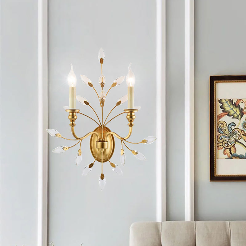 Rustic 2 Light Wall Mount Light with Crystal Leaf Decoration Brass Branch Wall Mount Light Clearhalo 'Modern wall lights' 'Modern' 'Wall Lamps & Sconces' 'Wall Lights' Lighting' 214890