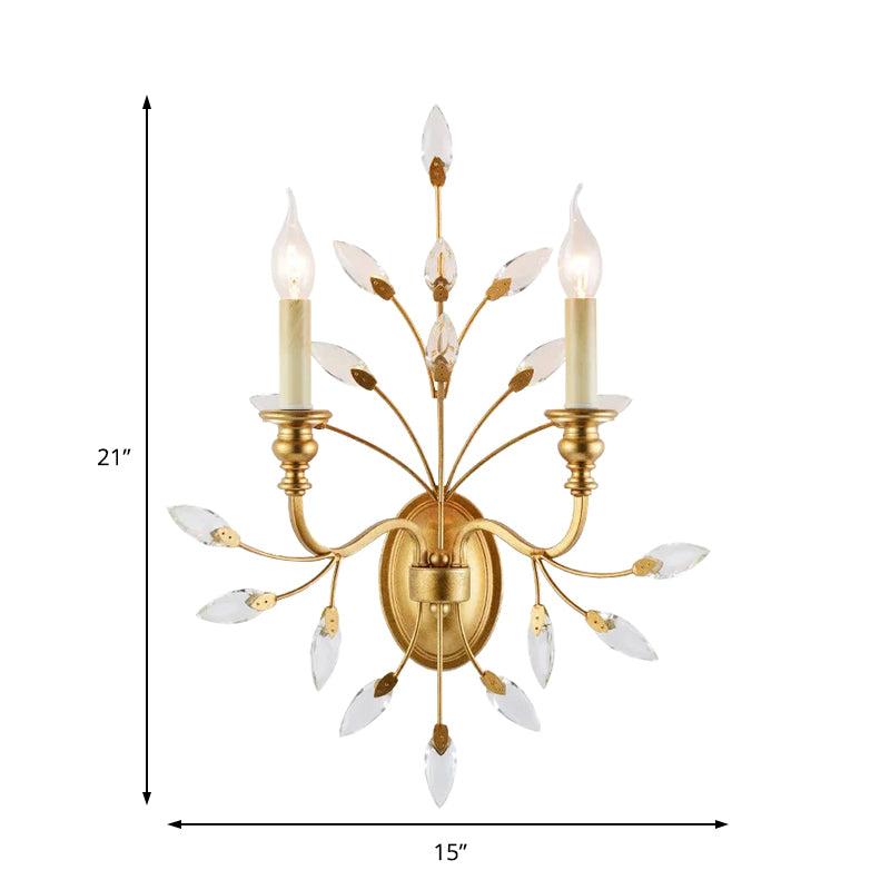Rustic 2 Light Wall Mount Light with Crystal Leaf Decoration Brass Branch Wall Mount Light Clearhalo 'Modern wall lights' 'Modern' 'Wall Lamps & Sconces' 'Wall Lights' Lighting' 214892