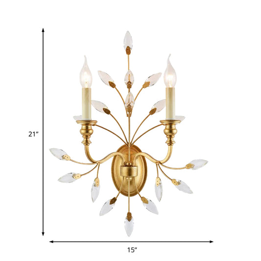 Rustic 2 Light Wall Mount Light with Crystal Leaf Decoration Brass Branch Wall Mount Light Clearhalo 'Modern wall lights' 'Modern' 'Wall Lamps & Sconces' 'Wall Lights' Lighting' 214892