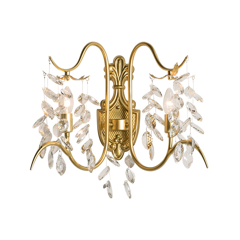 Curve Arm Wall Light Contemporary Metal 2 Light Brass Sconce Light with Clear Crystal Strand Clearhalo 'Modern wall lights' 'Modern' 'Wall Lamps & Sconces' 'Wall Lights' Lighting' 214905