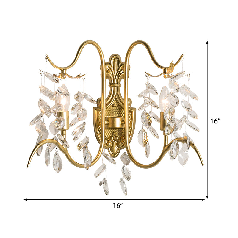 Curve Arm Wall Light Contemporary Metal 2 Light Brass Sconce Light with Clear Crystal Strand Clearhalo 'Modern wall lights' 'Modern' 'Wall Lamps & Sconces' 'Wall Lights' Lighting' 214906
