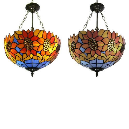 12"/16" Wide Sunflower Semi Flush Light Countryside Stained Glass Semi Flush Mount in Orange/Yellow for Living Room Clearhalo 'Ceiling Lights' 'Close To Ceiling Lights' 'Close to ceiling' 'Glass shade' 'Glass' 'Semi-flushmount' 'Tiffany close to ceiling' 'Tiffany' Lighting' 21492