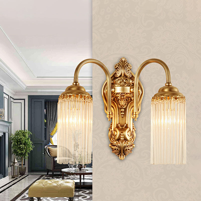 Gold Cylinder Wall Sconce Light Nordic 1/2 Light Metal Wall Mount Light with Crystal Rod Shade Clearhalo 'Cast Iron' 'Glass' 'Industrial' 'Modern wall lights' 'Modern' 'Tiffany' 'Traditional wall lights' 'Wall Lamps & Sconces' 'Wall Lights' Lighting' 214931