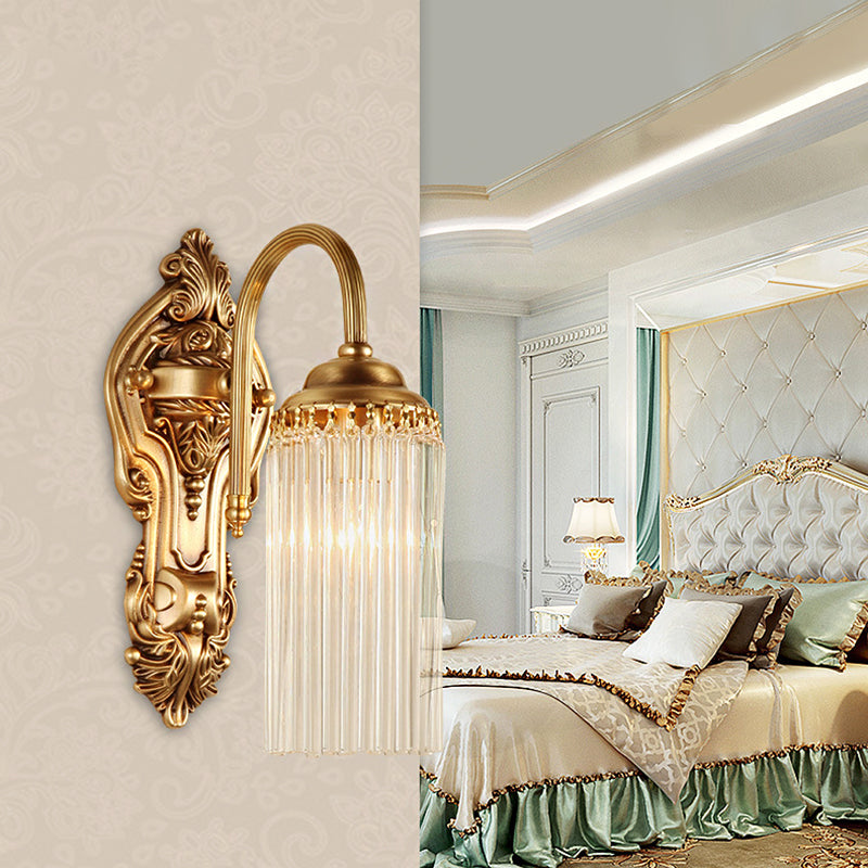 Gold Cylinder Wall Sconce Light Nordic 1/2 Light Metal Wall Mount Light with Crystal Rod Shade 1.0 Gold Clearhalo 'Cast Iron' 'Glass' 'Industrial' 'Modern wall lights' 'Modern' 'Tiffany' 'Traditional wall lights' 'Wall Lamps & Sconces' 'Wall Lights' Lighting' 214936