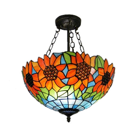 12"/16" Wide Sunflower Semi Flush Light Countryside Stained Glass Semi Flush Mount in Orange/Yellow for Living Room Orange 12" Clearhalo 'Ceiling Lights' 'Close To Ceiling Lights' 'Close to ceiling' 'Glass shade' 'Glass' 'Semi-flushmount' 'Tiffany close to ceiling' 'Tiffany' Lighting' 21495