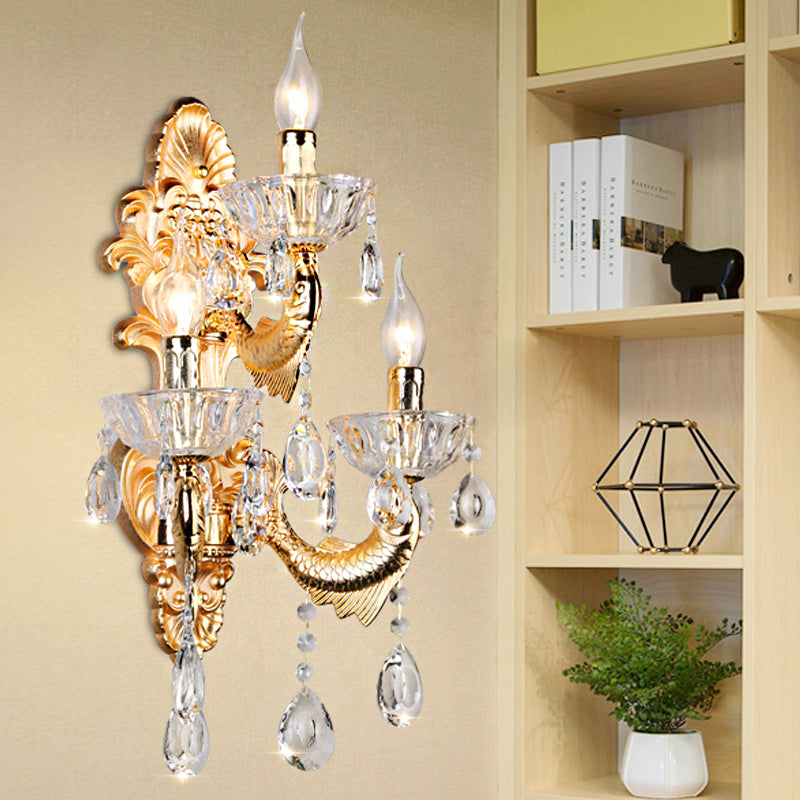 Candelabra Wall Lamp Contemporary Crystal 2 Lights Gold Wall Mount Light for Corridor Clearhalo 'Modern wall lights' 'Modern' 'Wall Lamps & Sconces' 'Wall Lights' Lighting' 214966