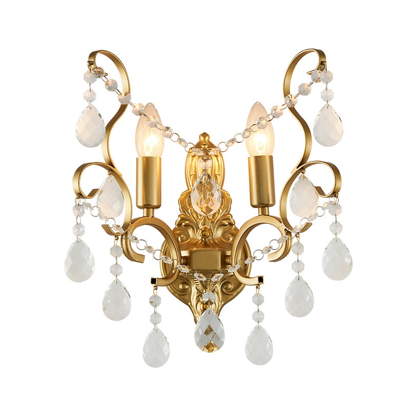 Brass Curve Arm Wall Mount Light Modernism 1/2 Lights Metal Flush Mount Wall Sconce with Teardrop Crystal Decoration Clearhalo 'Modern wall lights' 'Modern' 'Wall Lamps & Sconces' 'Wall Lights' Lighting' 214973