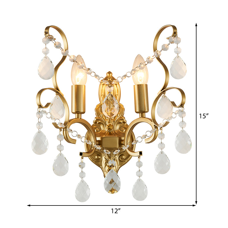 Brass Curve Arm Wall Mount Light Modernism 1/2 Lights Metal Flush Mount Wall Sconce with Teardrop Crystal Decoration Clearhalo 'Modern wall lights' 'Modern' 'Wall Lamps & Sconces' 'Wall Lights' Lighting' 214974