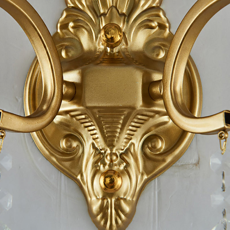 Brass Curve Arm Wall Mount Light Modernism 1/2 Lights Metal Flush Mount Wall Sconce with Teardrop Crystal Decoration Clearhalo 'Modern wall lights' 'Modern' 'Wall Lamps & Sconces' 'Wall Lights' Lighting' 214975