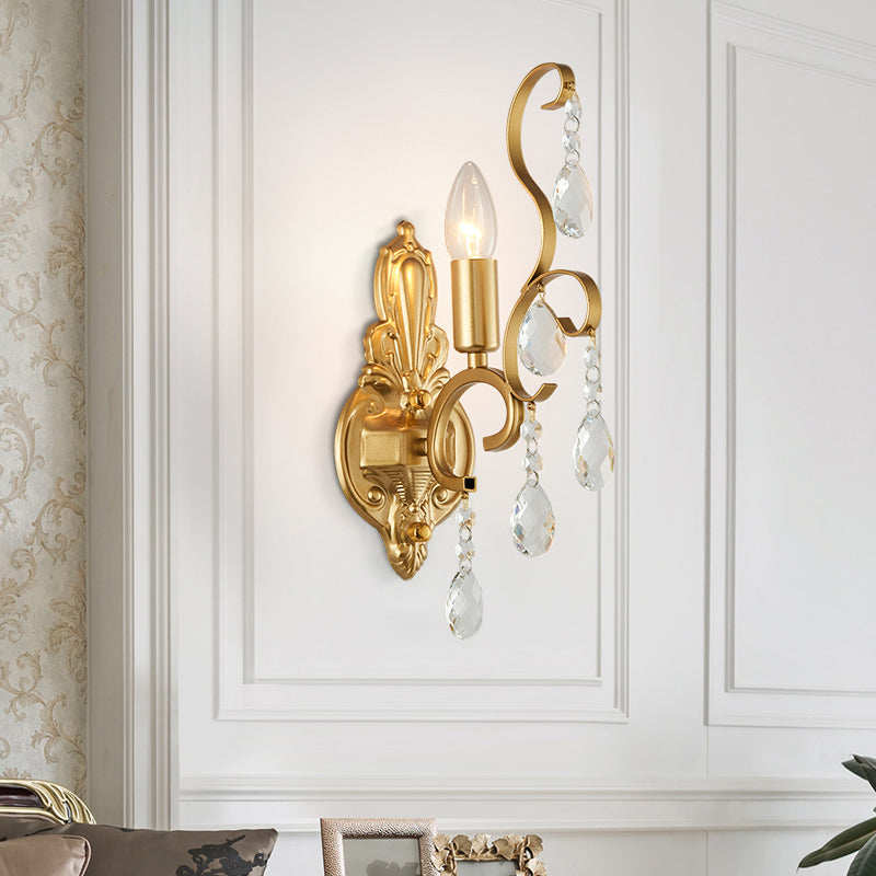 Brass Curve Arm Wall Mount Light Modernism 1/2 Lights Metal Flush Mount Wall Sconce with Teardrop Crystal Decoration 1.0 Brass Clearhalo 'Modern wall lights' 'Modern' 'Wall Lamps & Sconces' 'Wall Lights' Lighting' 214977
