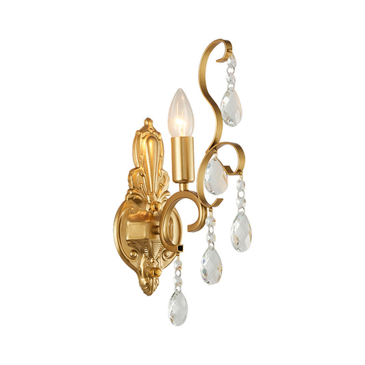 Brass Curve Arm Wall Mount Light Modernism 1/2 Lights Metal Flush Mount Wall Sconce with Teardrop Crystal Decoration Clearhalo 'Modern wall lights' 'Modern' 'Wall Lamps & Sconces' 'Wall Lights' Lighting' 214978