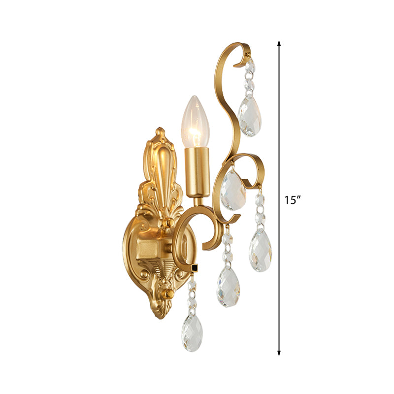 Brass Curve Arm Wall Mount Light Modernism 1/2 Lights Metal Flush Mount Wall Sconce with Teardrop Crystal Decoration Clearhalo 'Modern wall lights' 'Modern' 'Wall Lamps & Sconces' 'Wall Lights' Lighting' 214979