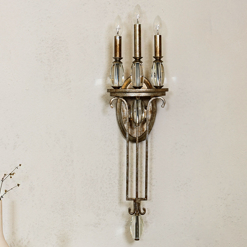 Vintage Candelabra Aged Silver Metal Sconce Light 3 Light Wall Mount Light with Crystal Drop Aged Silver Clearhalo 'Modern wall lights' 'Modern' 'Wall Lamps & Sconces' 'Wall Lights' Lighting' 214998