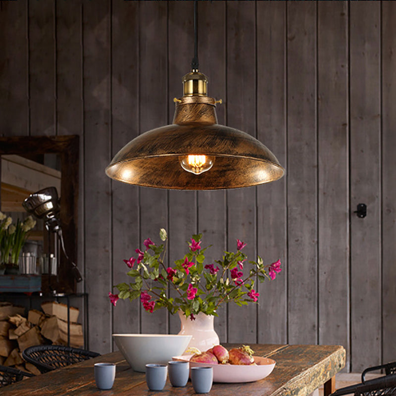 Wrought Iron Domed Ceiling Fixture Industrial 12"/14" W 1 Light Dining Room Pendant Lighting in Weathered Brass/Black Antique Brass Clearhalo 'Art Deco Pendants' 'Black' 'Cast Iron' 'Ceiling Lights' 'Ceramic' 'Crystal' 'Industrial Pendants' 'Industrial' 'Metal' 'Middle Century Pendants' 'Pendant Lights' 'Pendants' 'Rustic Pendants' 'Tiffany' Lighting' 21506