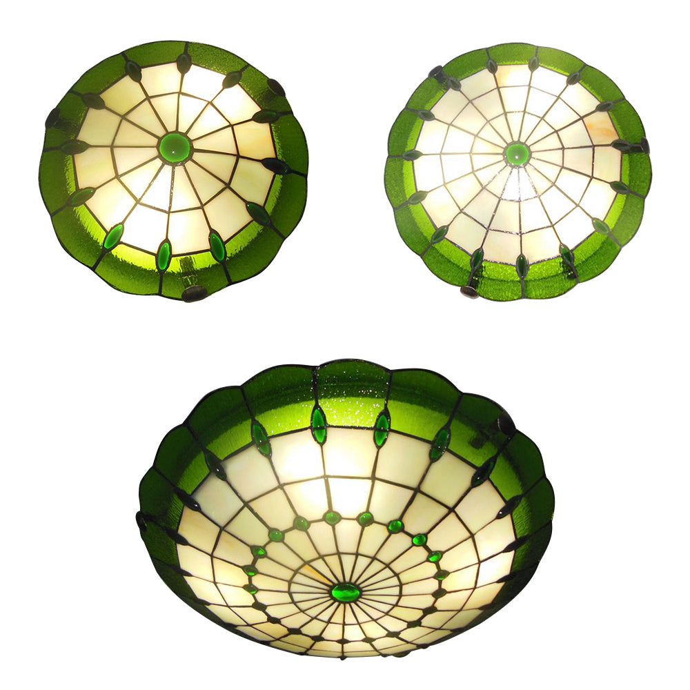 12"/16"/19.5" Wide Bedroom Ceiling Lights Tiffany Style Green/Yellow Dome Shade Flush Mount Light with Jewel Decoration Clearhalo 'Ceiling Lights' 'Close To Ceiling Lights' 'Close to ceiling' 'Flush mount' Lighting' 21518