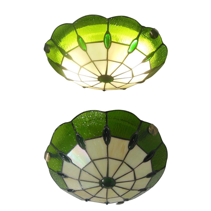 12"/16"/19.5" Wide Bedroom Ceiling Lights Tiffany Style Green/Yellow Dome Shade Flush Mount Light with Jewel Decoration Clearhalo 'Ceiling Lights' 'Close To Ceiling Lights' 'Close to ceiling' 'Flush mount' Lighting' 21519