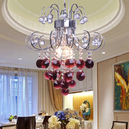 Bent Arm Frame Ceiling Light Fixture Modern Red Crystal 3 Lights Chrome Chandelier Light Chrome Clearhalo 'Ceiling Lights' 'Chandeliers' 'Modern Chandeliers' 'Modern' Lighting' 215191