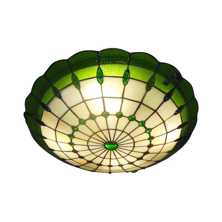 12"/16"/19.5" Wide Bedroom Ceiling Lights Tiffany Style Green/Yellow Dome Shade Flush Mount Light with Jewel Decoration Green 19.5" Clearhalo 'Ceiling Lights' 'Close To Ceiling Lights' 'Close to ceiling' 'Flush mount' Lighting' 21520