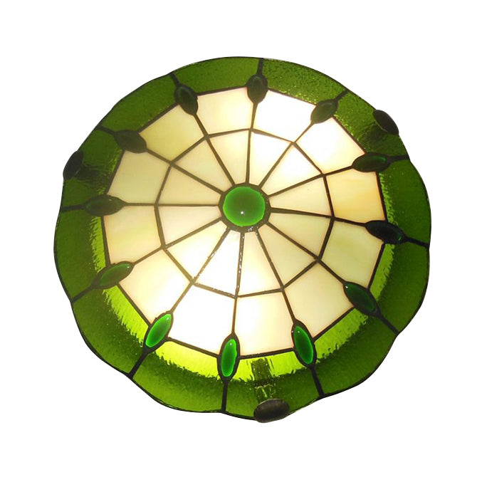 12"/16"/19.5" Wide Bedroom Ceiling Lights Tiffany Style Green/Yellow Dome Shade Flush Mount Light with Jewel Decoration Green 12" Clearhalo 'Ceiling Lights' 'Close To Ceiling Lights' 'Close to ceiling' 'Flush mount' Lighting' 21521