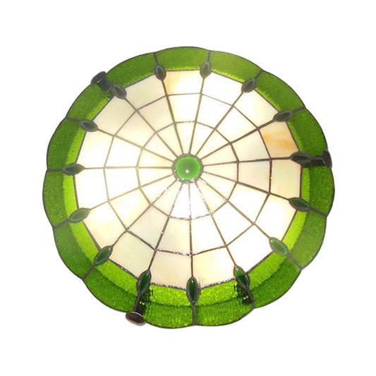 12"/16"/19.5" Wide Bedroom Ceiling Lights Tiffany Style Green/Yellow Dome Shade Flush Mount Light with Jewel Decoration Green 16" Clearhalo 'Ceiling Lights' 'Close To Ceiling Lights' 'Close to ceiling' 'Flush mount' Lighting' 21522