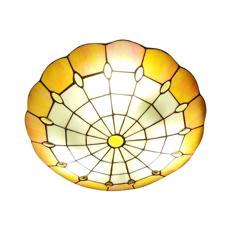 12"/16"/19.5" Wide Bedroom Ceiling Lights Tiffany Style Green/Yellow Dome Shade Flush Mount Light with Jewel Decoration Yellow 16" Clearhalo 'Ceiling Lights' 'Close To Ceiling Lights' 'Close to ceiling' 'Flush mount' Lighting' 21524