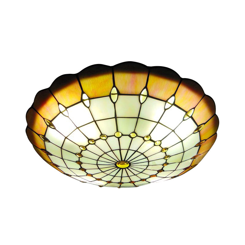 12"/16"/19.5" Wide Bedroom Ceiling Lights Tiffany Style Green/Yellow Dome Shade Flush Mount Light with Jewel Decoration Yellow 19.5" Clearhalo 'Ceiling Lights' 'Close To Ceiling Lights' 'Close to ceiling' 'Flush mount' Lighting' 21526