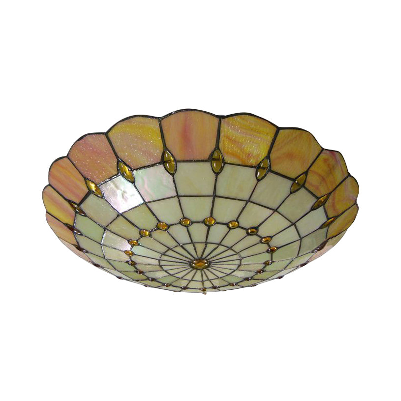 12"/16"/19.5" Wide Bedroom Ceiling Lights Tiffany Style Green/Yellow Dome Shade Flush Mount Light with Jewel Decoration Clearhalo 'Ceiling Lights' 'Close To Ceiling Lights' 'Close to ceiling' 'Flush mount' Lighting' 21528
