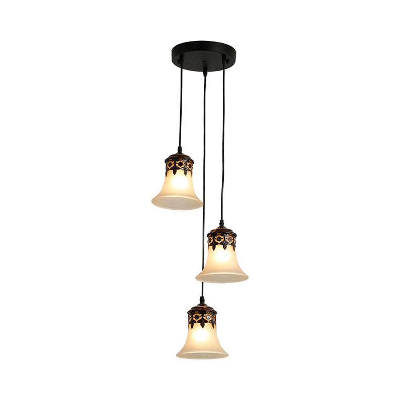 Black Bell Cluster Pendant Traditional Frosted Glass 3 Lights Living Room Hanging Lamp Clearhalo 'Ceiling Lights' 'Glass shade' 'Glass' 'Pendant Lights' 'Pendants' Lighting' 215965