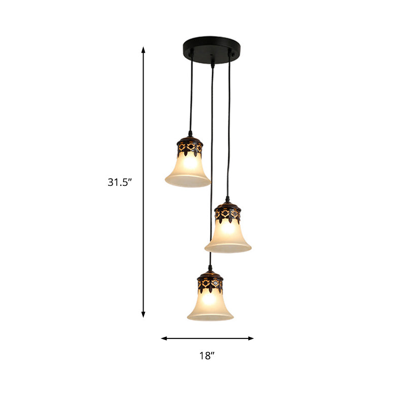 Black Bell Cluster Pendant Traditional Frosted Glass 3 Lights Living Room Hanging Lamp Clearhalo 'Ceiling Lights' 'Glass shade' 'Glass' 'Pendant Lights' 'Pendants' Lighting' 215966