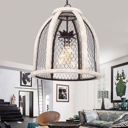 Dome Dining Room Hanging Light Kit Traditional Metal 1 Light Distressed White Pendant Lighting with Cage Distressed White Clearhalo 'Ceiling Lights' 'Pendant Lights' 'Pendants' Lighting' 216062_dc723554-cffe-4326-9021-972669e9f90d