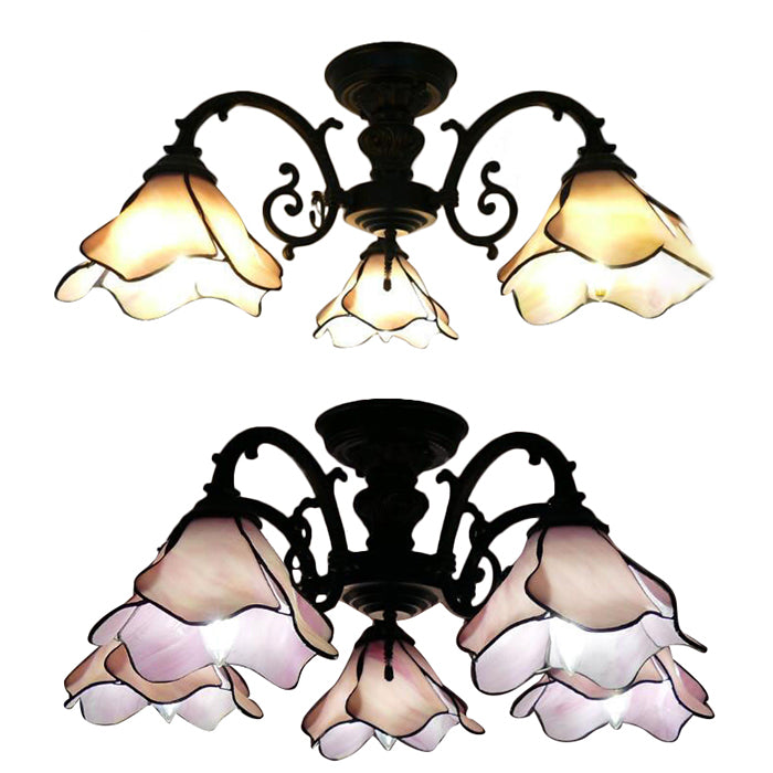 3/5 Bulbs Petal Chandelier Lamp Vintage Stained Glass Living Room Ceiling Light Fixture in Pink Clearhalo 'Ceiling Lights' 'Close To Ceiling Lights' 'Close to ceiling' 'Glass shade' 'Glass' 'Semi-flushmount' 'Tiffany close to ceiling' 'Tiffany' Lighting' 21614
