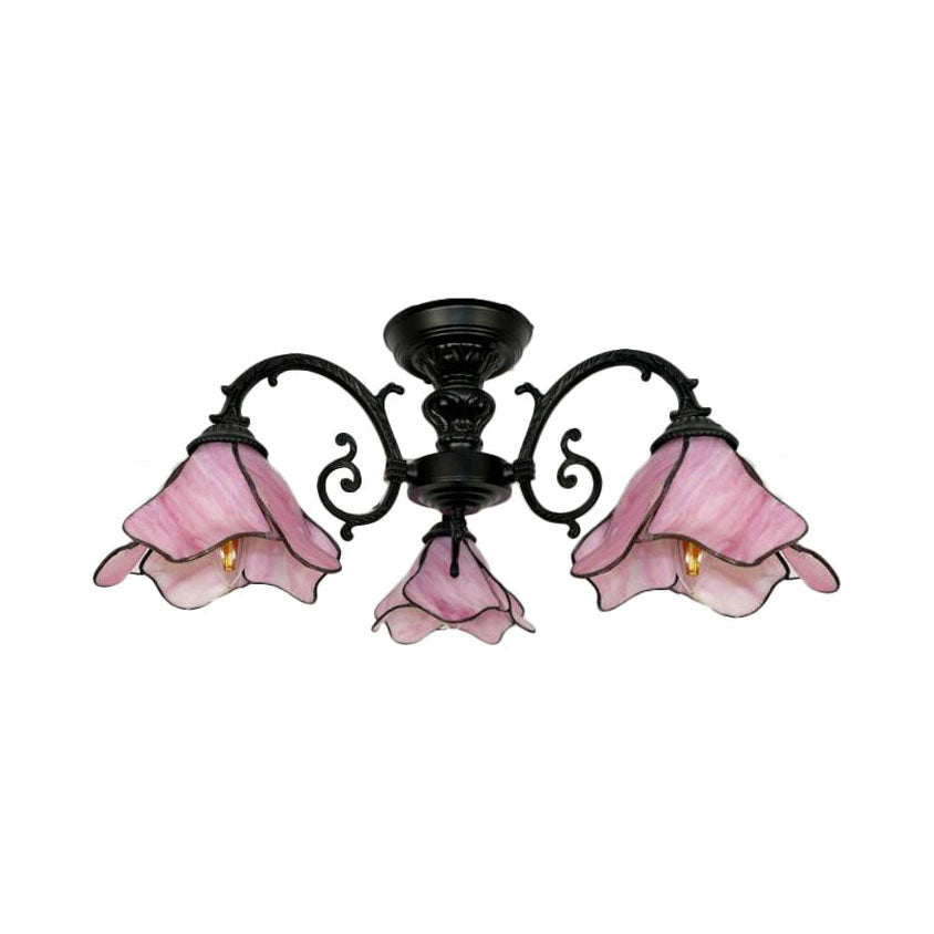 3/5 Bulbs Petal Chandelier Lamp Vintage Stained Glass Living Room Ceiling Light Fixture in Pink 3 Pink Clearhalo 'Ceiling Lights' 'Close To Ceiling Lights' 'Close to ceiling' 'Glass shade' 'Glass' 'Semi-flushmount' 'Tiffany close to ceiling' 'Tiffany' Lighting' 21615