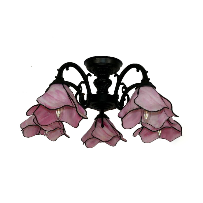 3/5 Bulbs Petal Chandelier Lamp Vintage Stained Glass Living Room Ceiling Light Fixture in Pink Clearhalo 'Ceiling Lights' 'Close To Ceiling Lights' 'Close to ceiling' 'Glass shade' 'Glass' 'Semi-flushmount' 'Tiffany close to ceiling' 'Tiffany' Lighting' 21618