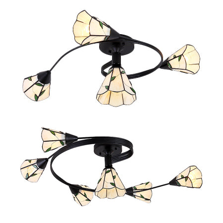 4/6 Heads Curved Semi Flush Light Tiffany Style Stained Glass Bedroom Semi Flushmount in White Clearhalo 'Ceiling Lights' 'Close To Ceiling Lights' 'Close to ceiling' 'Glass shade' 'Glass' 'Pendant Lights' 'Semi-flushmount' 'Tiffany close to ceiling' 'Tiffany' Lighting' 21619
